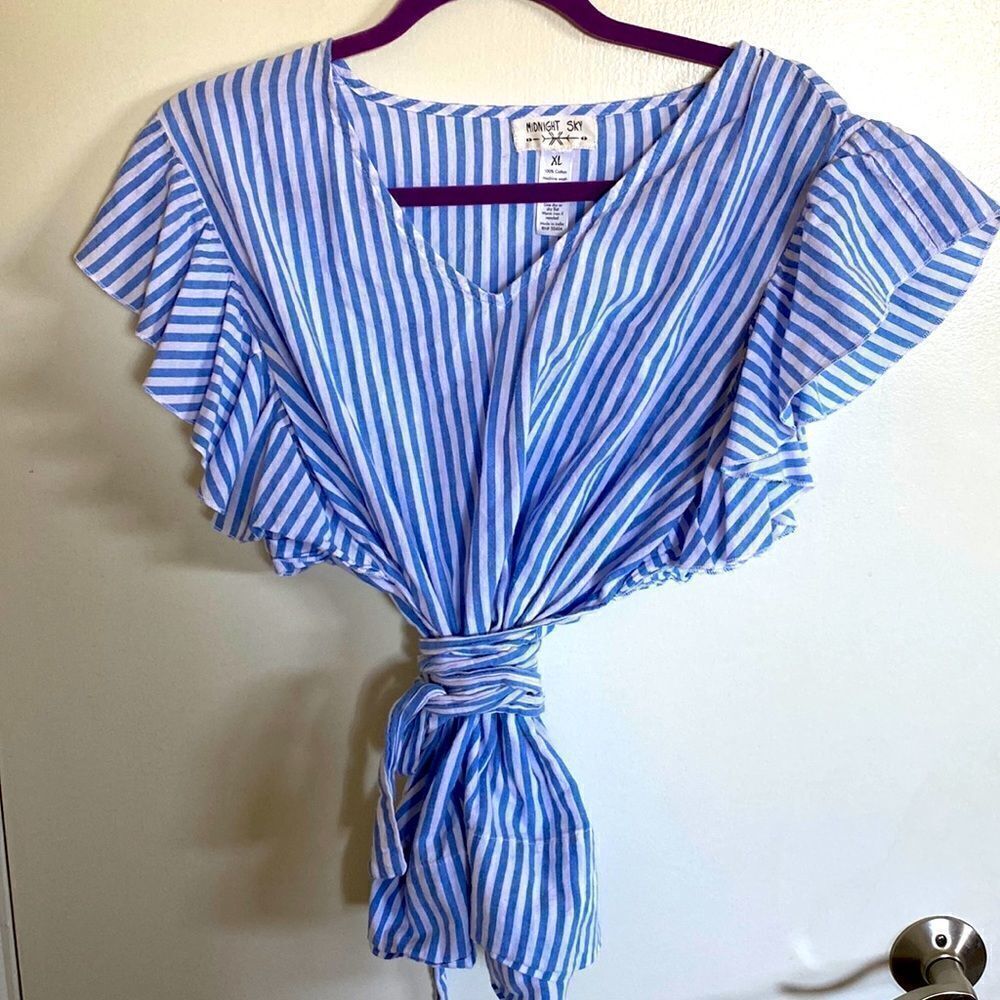 Blue and white striped wrap shirt with flutter sleeves- Size XL